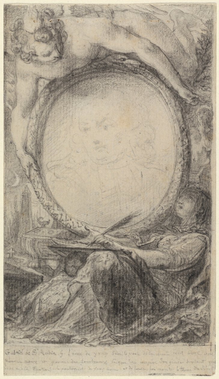 Allegorische lijst met een schrijvende genie en een gesluierde vrouw, ca. 1769 (zwart krijt op papier) door Gabriel de Saint-Aubin