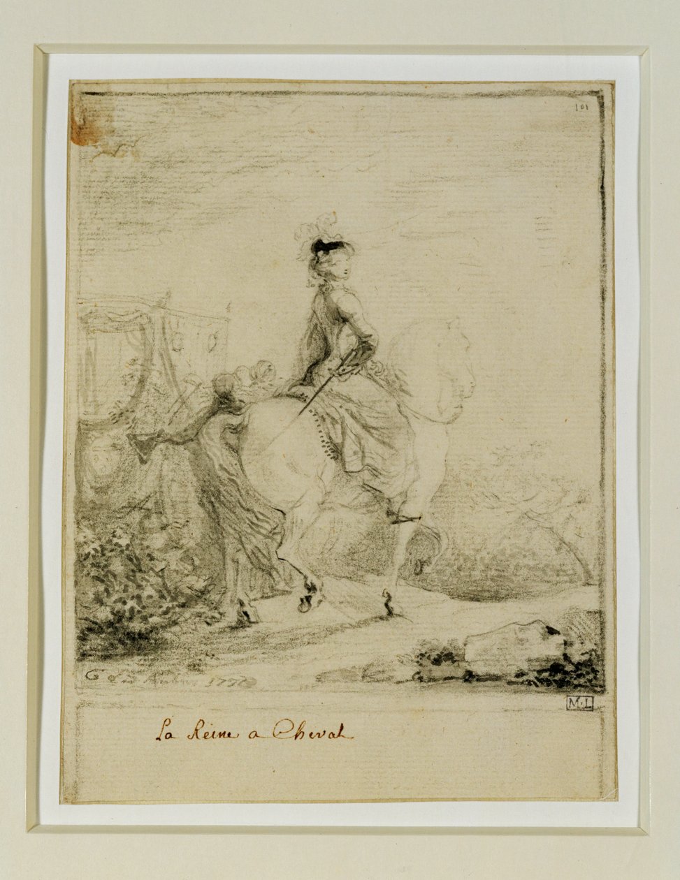 Marie-Antoinette te paard ... door Gabriel de Saint-Aubin