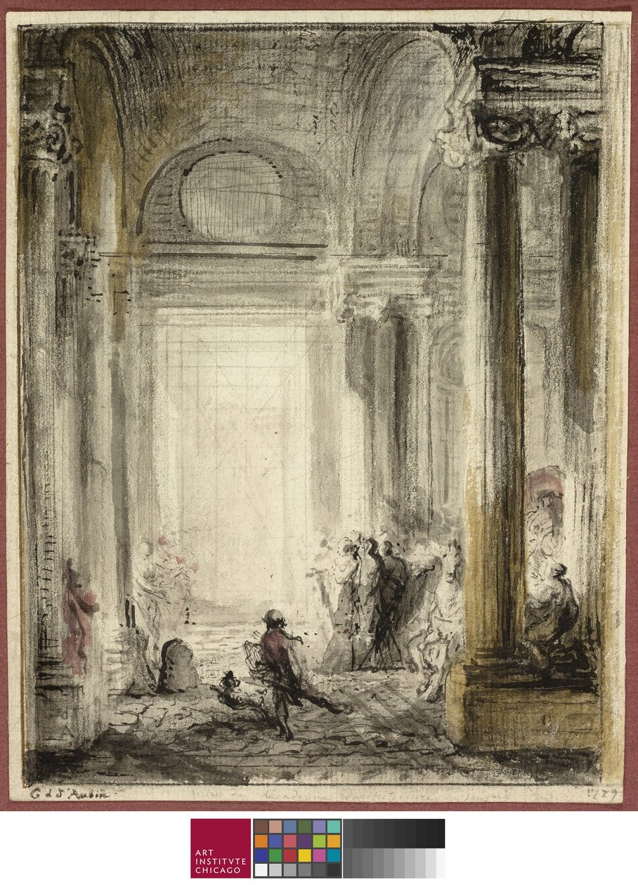 De ingang van de Academie voor Architectuur in het Louvre door Gabriel de Saint Aubin