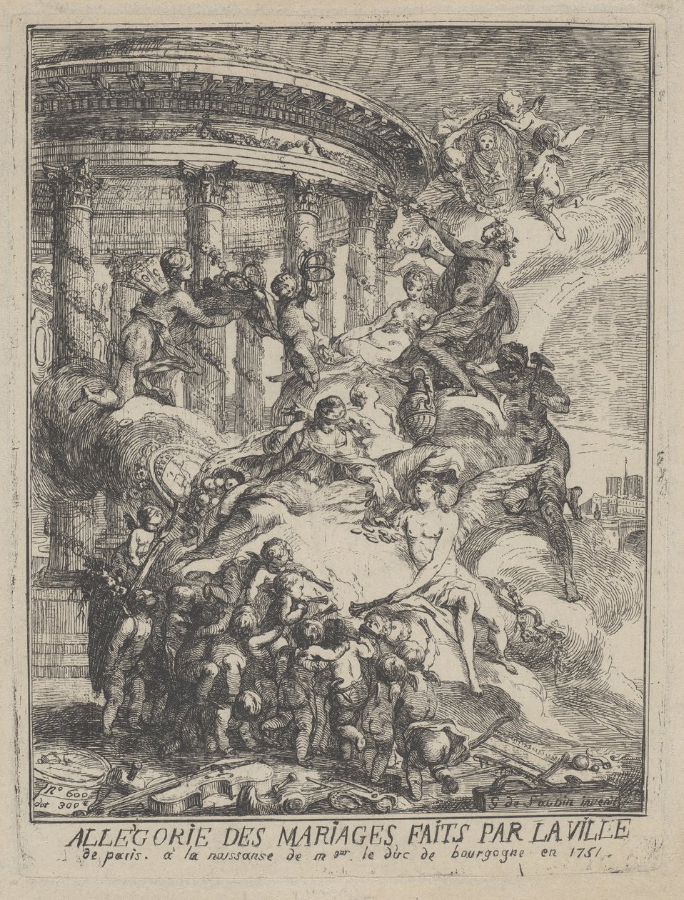 Allegorie van de huwelijken gesloten door de stad Parijs bij de geboorte van de hertog van Bourgondië, 1751 door Gabriel de Saint Aubin