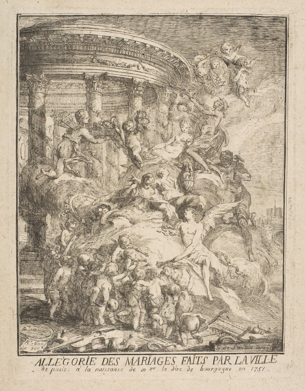 Allegorie van de huwelijken gesloten door de stad Parijs bij de geboorte van de hertog van Bourgondië door Gabriel de Saint Aubin