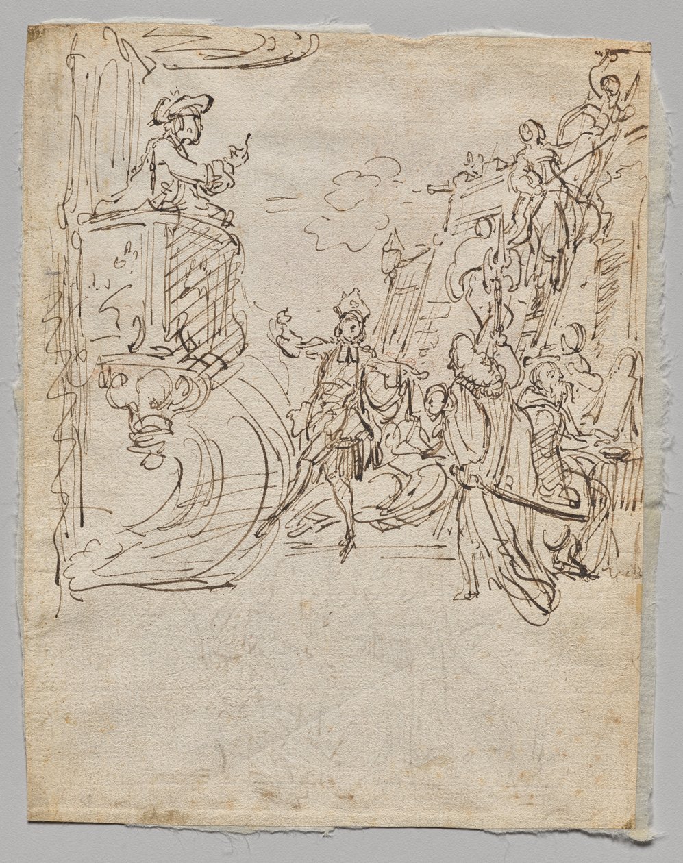 Lingeriewinkel en gesprek (verso) door Gabriel de Saint Aubin