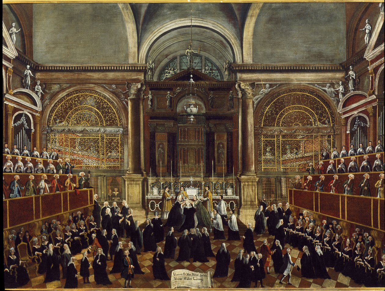 Ceremonie van het aannemen van een nonnenkleed in de kerk van San Lorenzo in Venetië (detail) door Gabriele Bella