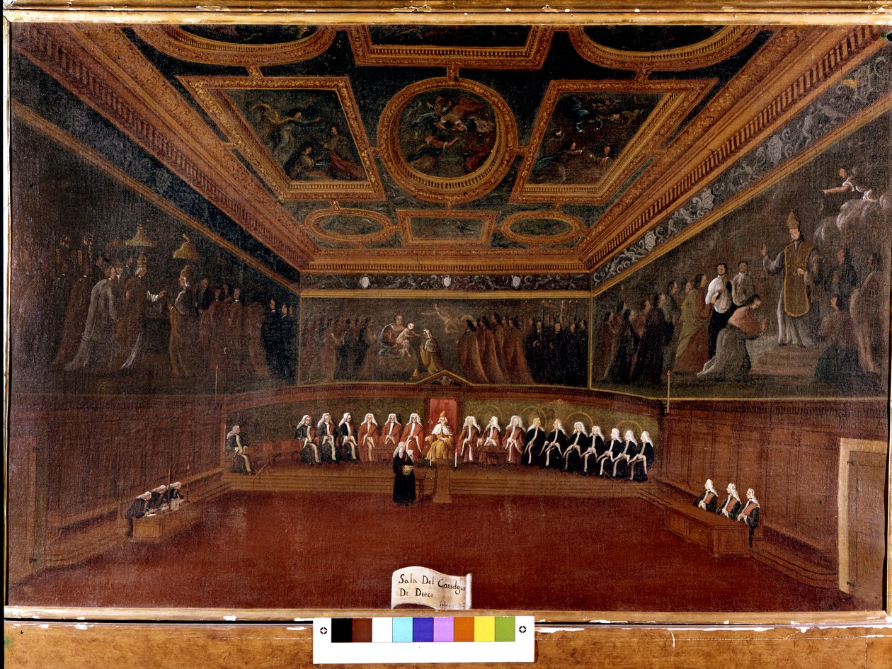 Raad van Tien in het Dogepaleis in de 18e eeuw - Sala Del Consilgio di Dieci 1725 - De Kamer van de Raad van Tien, Dogepaleis, Venetië (18e eeuw) door Gabriele Bella (1730 - 1799) - De Doge en de Raad van Tien. Correr Museum. Venetië door Gabriele Bella