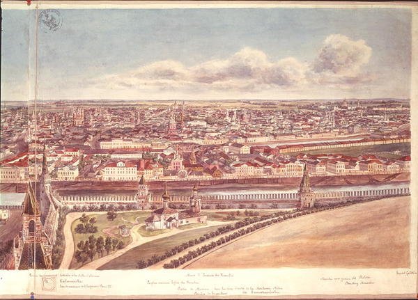 Panorama van Moskou, met de Kremlinmuren en de Moskva-rivier, 1819 door Gadolle