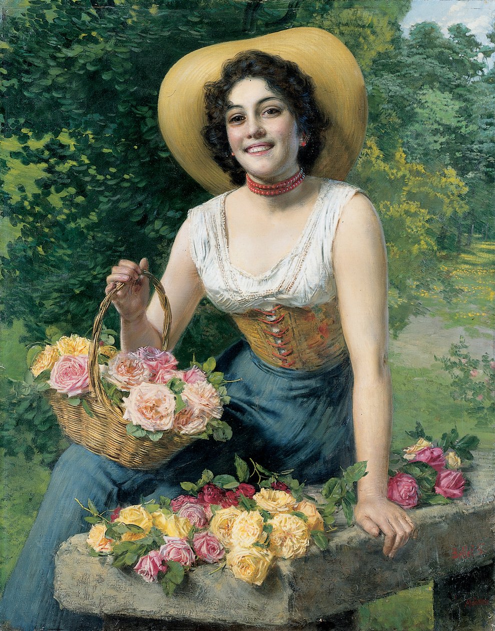 Een schoonheid met een mand rozen door Gaetano Bellei
