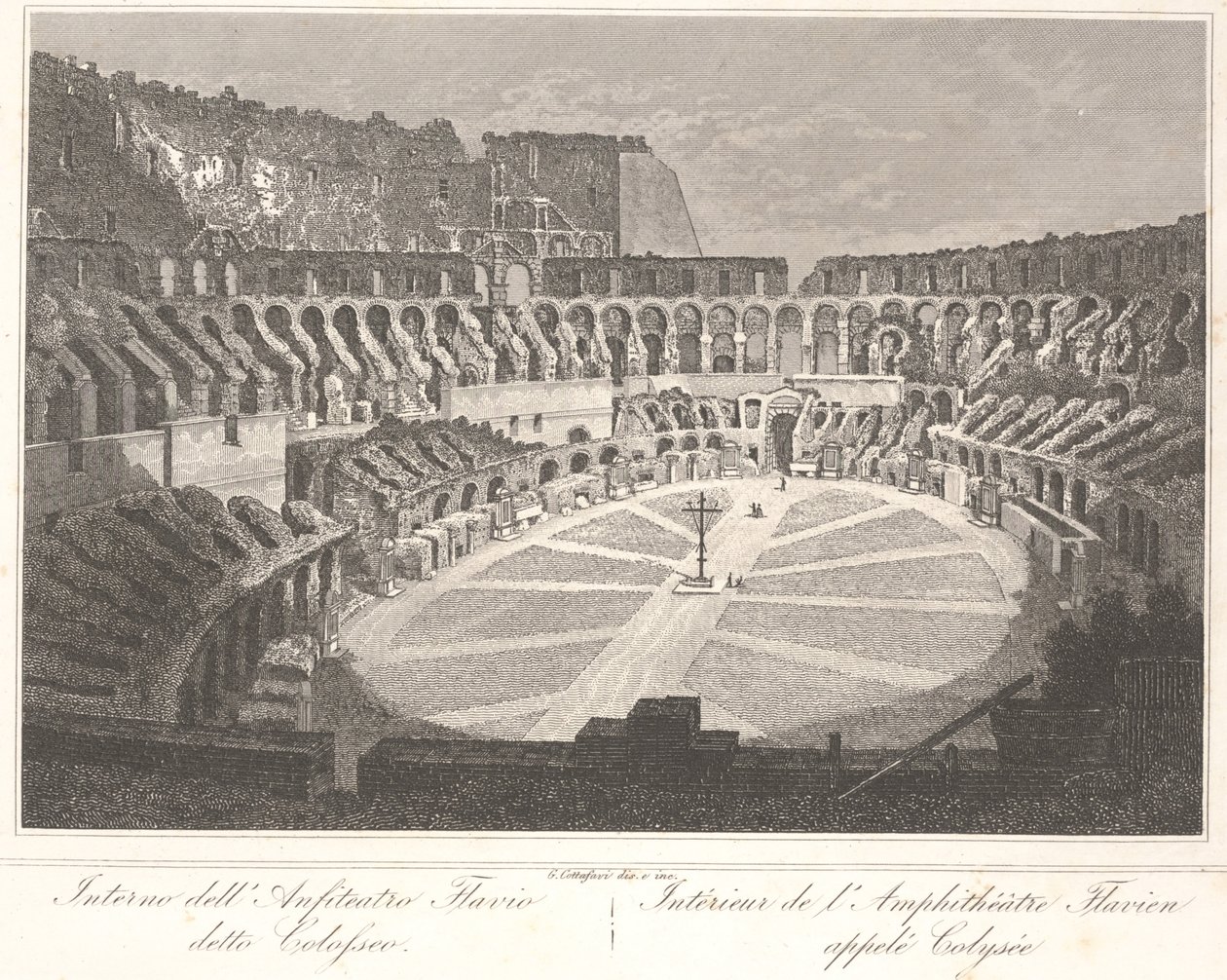 Binnen in het Flavische Amfitheater genaamd Colosseum door Gaetano Cottafavi