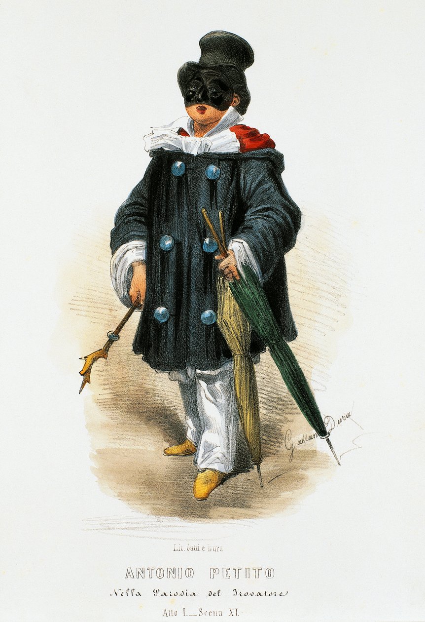 De acteur Antonio Petito (1822-1876) in toneelkostuum in de parodie De Troubadour, lithografie door Gaetano Dura (1805-1874) door Gaetano Dura