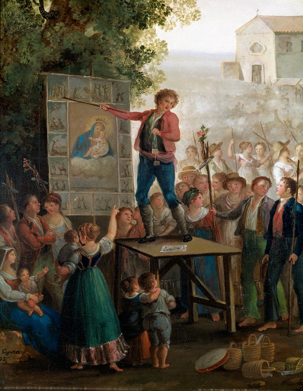 Een straatartiest die de wonderen van de Maagd zingt op het feest van de Madonna dell