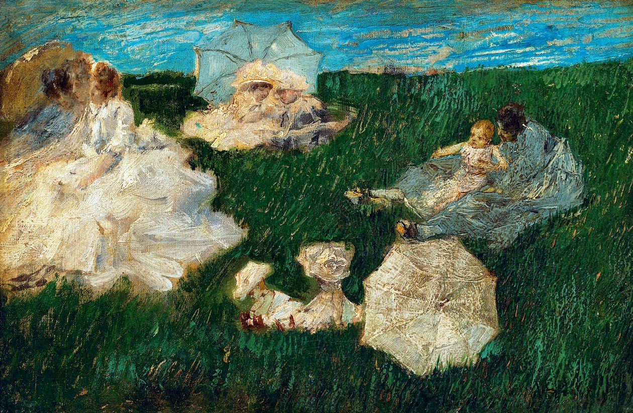 Vrouw met kinderen in tuin door Gaetano Previati