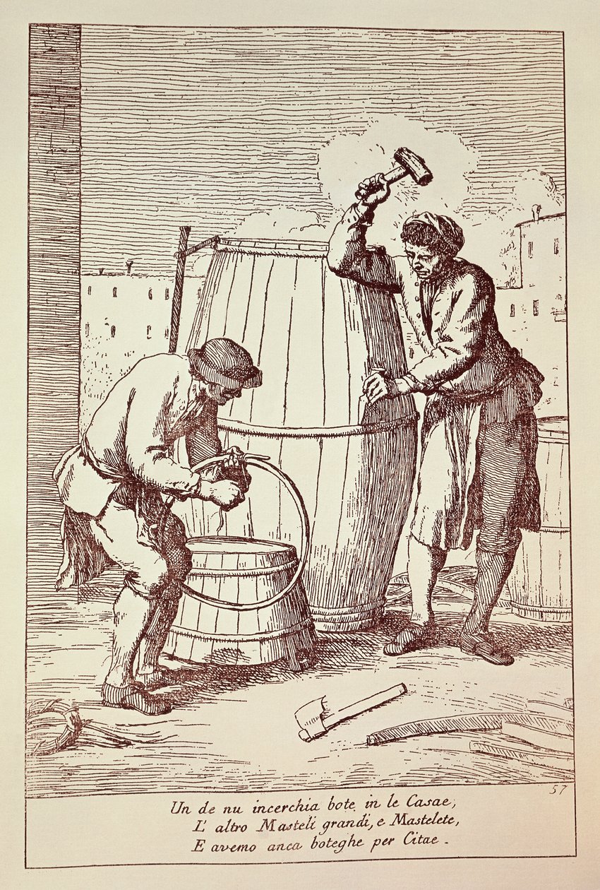 Kuipers aan het werk, Gravure uit De kunsten van het dagelijks leven in de stad Venetië, Italië door Gaetano Zompini
