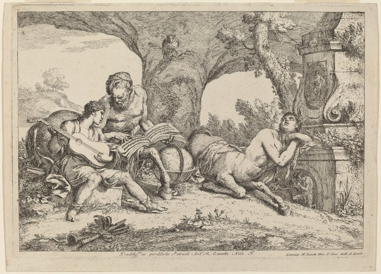Chiron leert Achilles muziek door Gaetano Zompini after Giovanni Benedetto Castiglione