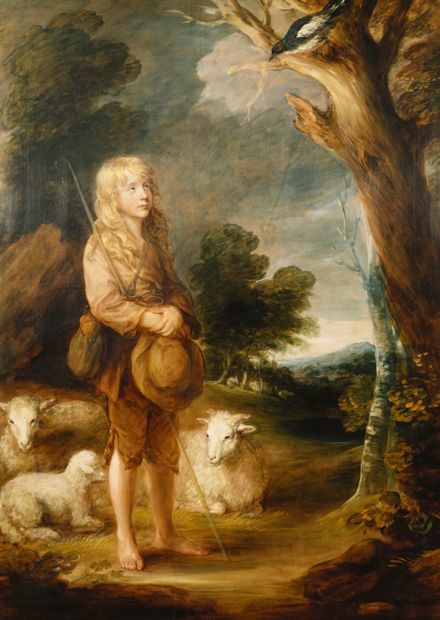 Een bebost landschap met een herdersjongen die naar een ekster luistert, en drie schapen door Gainsborough Dupont