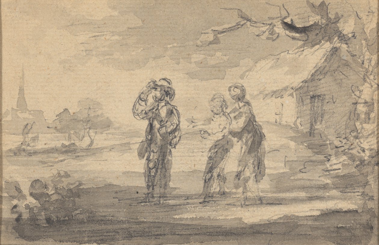 Landschap met drie figuren, huisje en kerktoren door Gainsborough Dupont