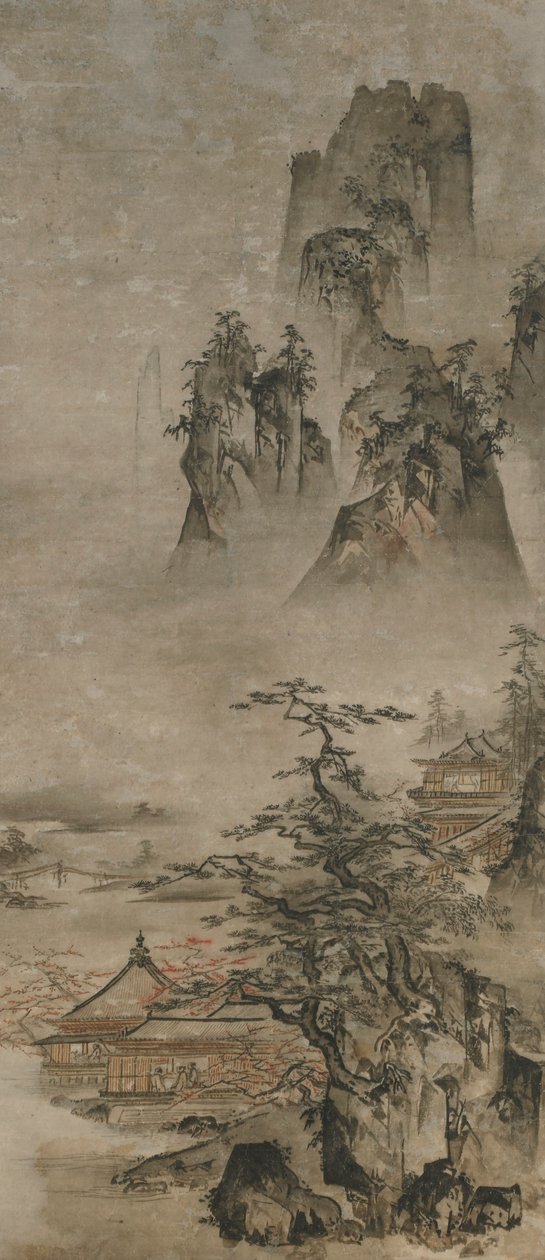Landschap: bergen, stroom en huizen, Muromachi-periode, begin 16e eeuw door Gakuo Zokyu