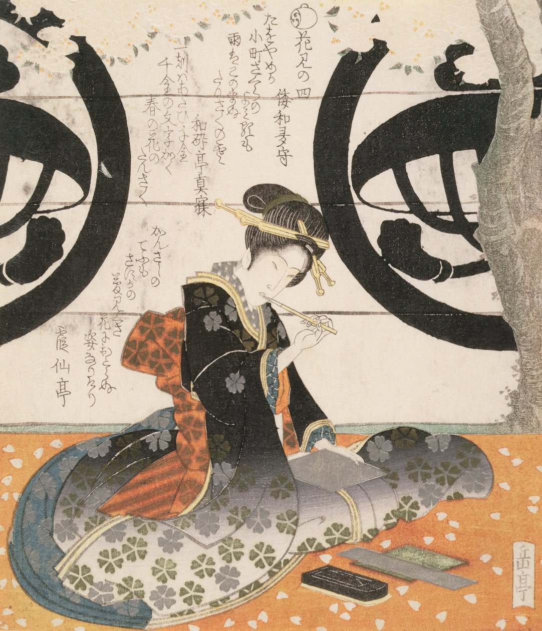 Schoonheid die bloemen bekijkt door Gakutei Harunobu