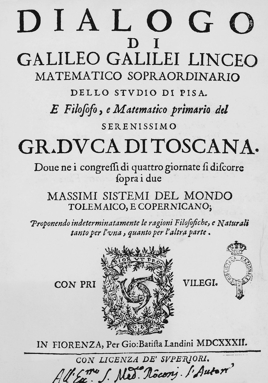 Titelpagina van Dialoog over de twee belangrijkste wereldsystemen, Ptolemeïsch en Copernicaans, door Galileo Galilei, gepubliceerd in Florence in 1632 door Gian Battista Landini door Galileo Galilei