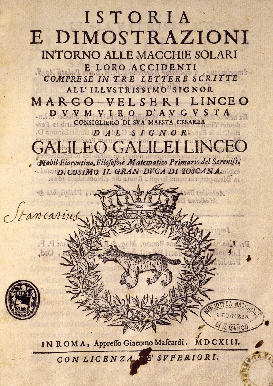 Titelpagina van Geschiedenis en demonstraties over zonnevlekken en hun eigenschappen door Galileo Galilei