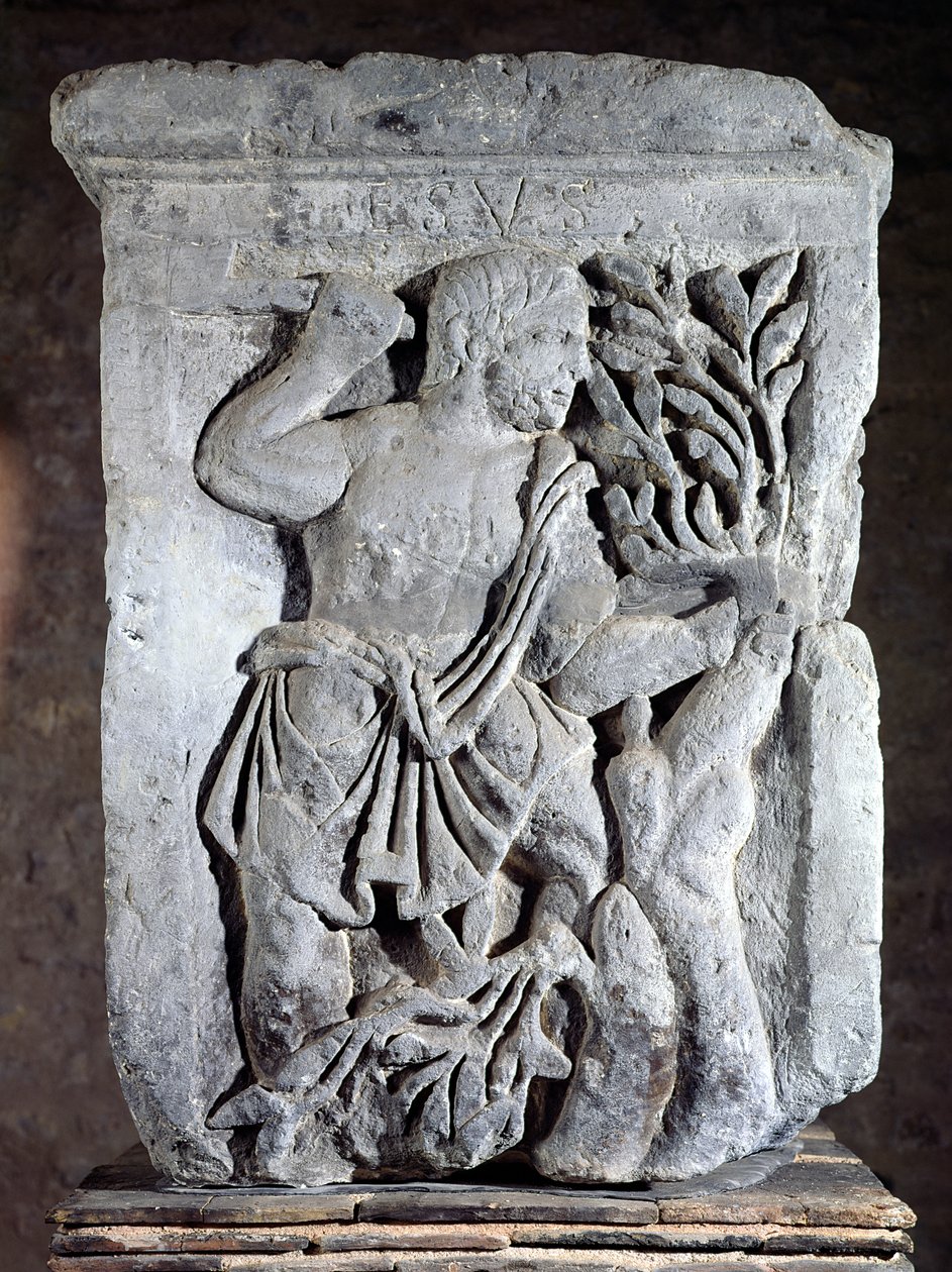 Kapiteel van de Nautes-zuil die Esus afbeeldt die maretak snijdt, 14-37 AD door Gallo Roman