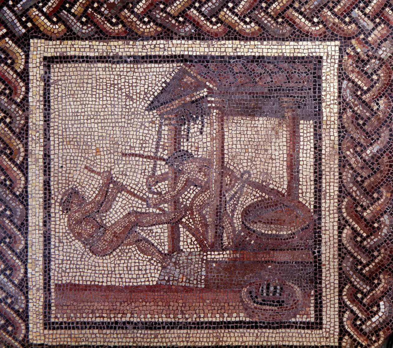 Gallisch-Romeinse kunst: mozaïekvloer die een rustieke kalender voorstelt. Een olijfpers. Eind 2e, begin 3e eeuw na Christus. Uit Saint-Romain-en-Gal (Rhone). Saint Germain en Laye, Nationaal Museum voor Archeologie door Gallo Roman