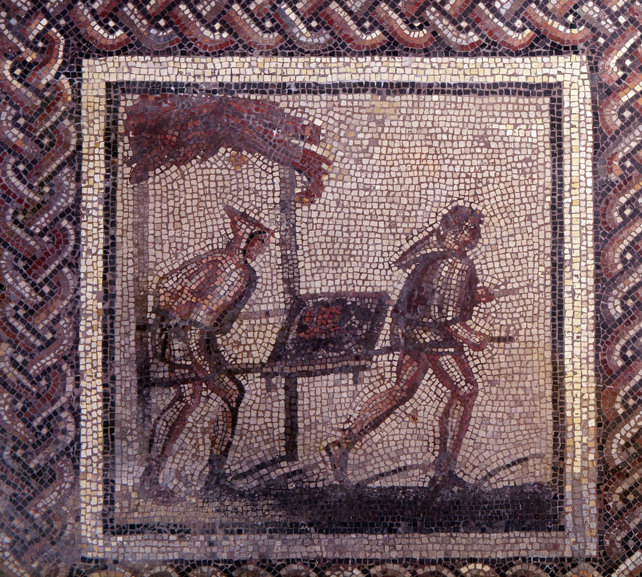Gallo-Romeinse kunst: mozaïekbestrating die een rustieke kalender voorstelt. Mest transport scène. Eind 2e, begin 3e eeuw na Christus. Uit Saint-Romain-en-Gal (Saint Romain en Gal, Rhone). Saint Germain en Laye, Nationaal Archeologisch Museum door Gallo Roman