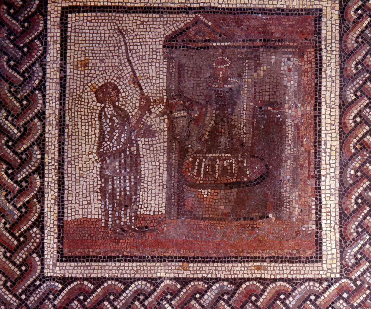 Gallo-Romeinse kunst: mozaïekvloer die een rustieke kalender voorstelt. Het werk met het maalwiel. Eind 2e, begin 3e eeuw na Chr. Uit Saint-Romain-en-Gal (Rhone). Saint Germain en Laye, Nationaal Archeologisch Museum door Gallo Roman