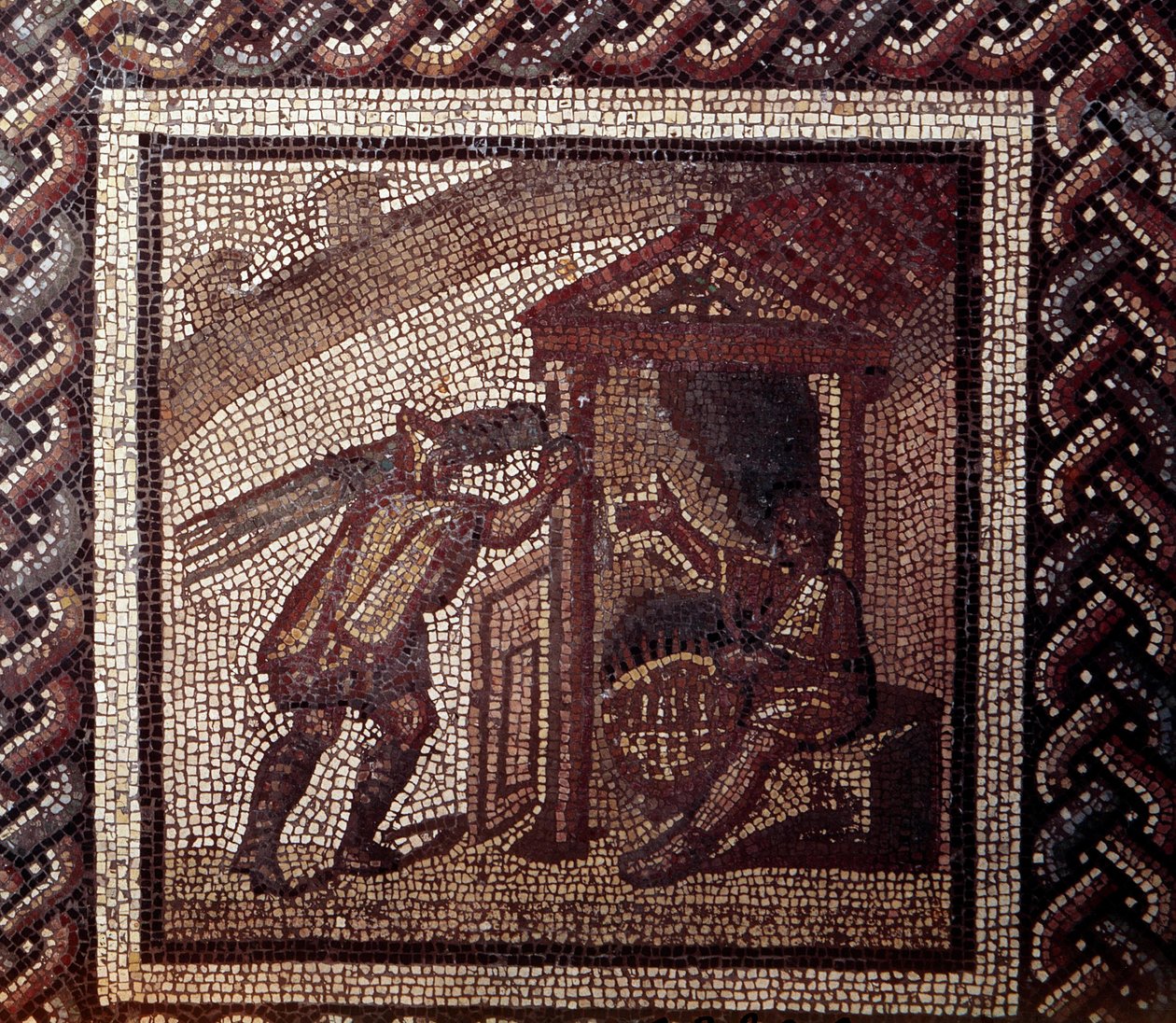 Gallo-Romeinse kunst: mozaïekvloer die een rustieke kalender voorstelt. Vlechtwerk en manden vlechten. Eind 2e, begin 3e eeuw na Chr. Uit Saint-Romain-en-Gal (Rhone). Saint Germain en Laye, Nationaal Archeologisch Museum door Gallo Roman