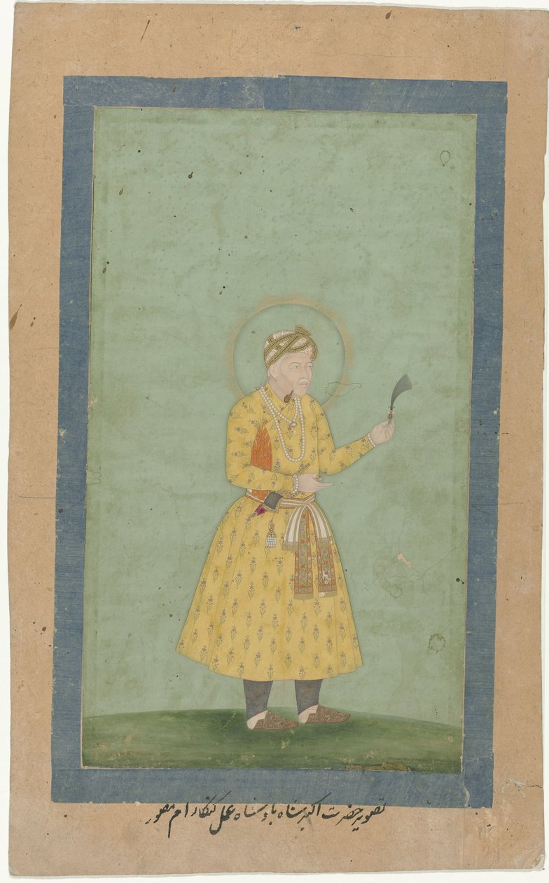 Portret van Akbar, staand, met verenpluim in de hand door Gangaram (attributed to)
