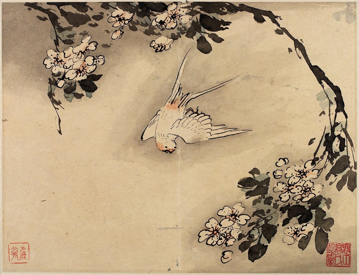 Vingerverfschildering van bloemen en vogels uit een album van tien bladen door Gao Qipei