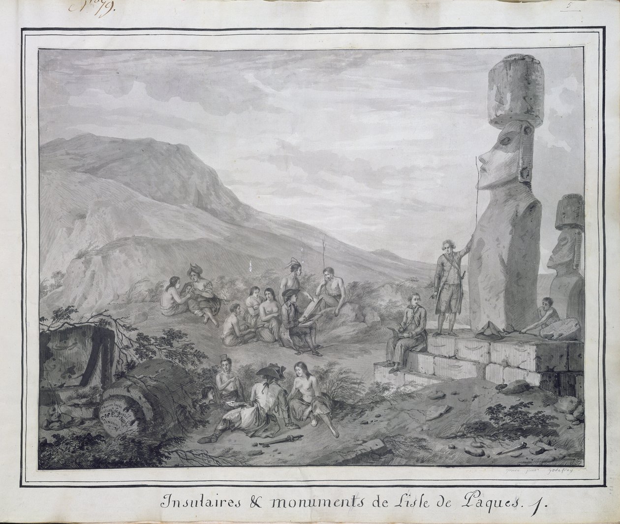 Eilandbewoners en monumenten van Paaseiland, 1786 door Gaspard Duche de Vancy