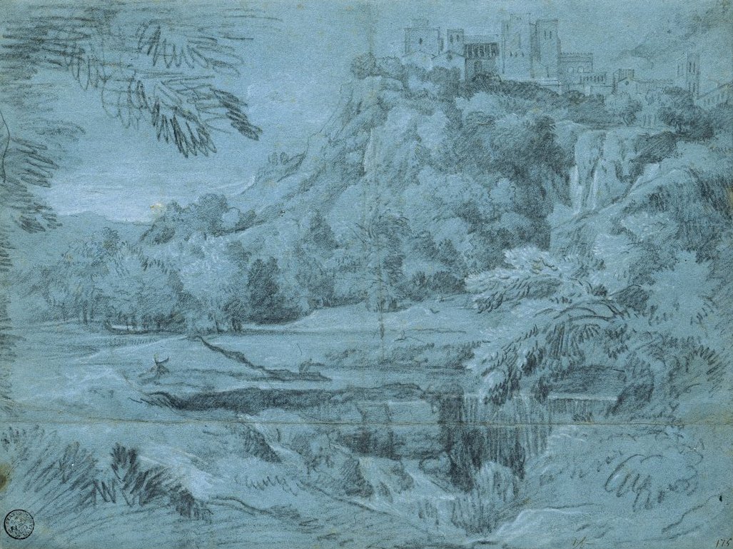 Landschap met bergstad en waterval door Gaspard Poussin Dughet