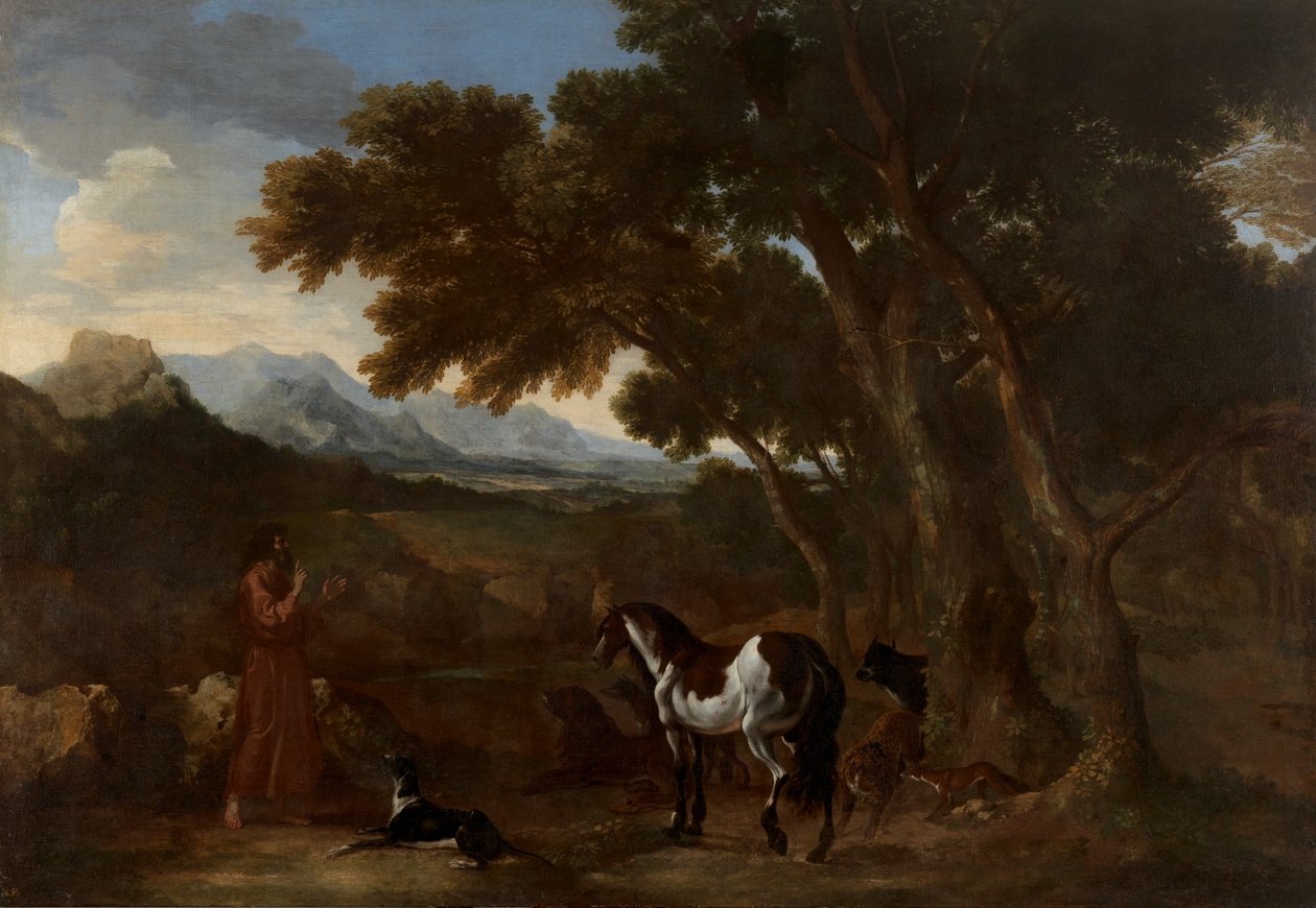 Dughet - Landschap met een kluizenaar die dieren preekt, 1637 - 1638 door Gaspard Dughet