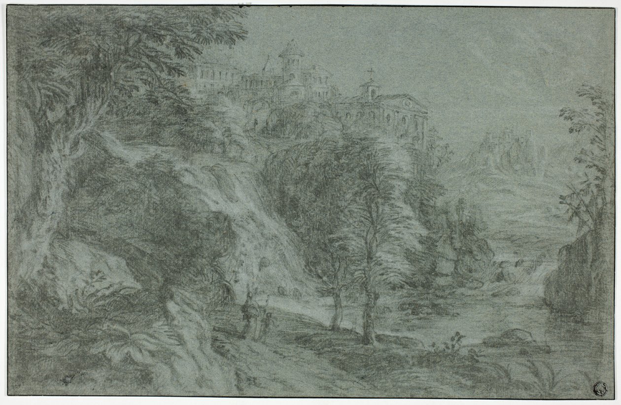 Italianiserend landschap met kerk op klif door Gaspard Dughet