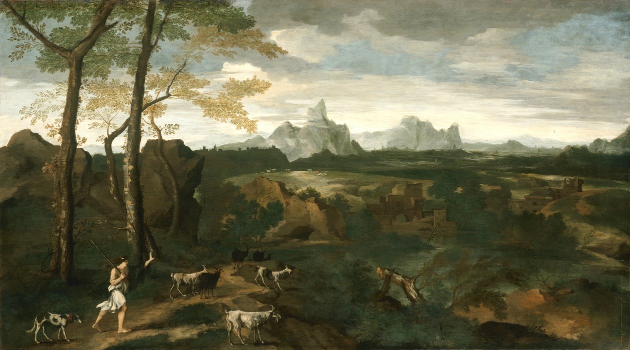 Landschap met een herder en geiten door Gaspard Dughet