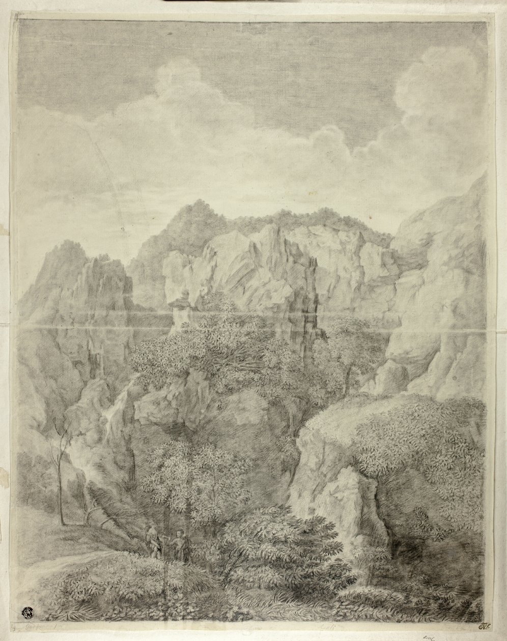 Berglandschap met twee figuren op de voorgrond door Gaspard Dughet