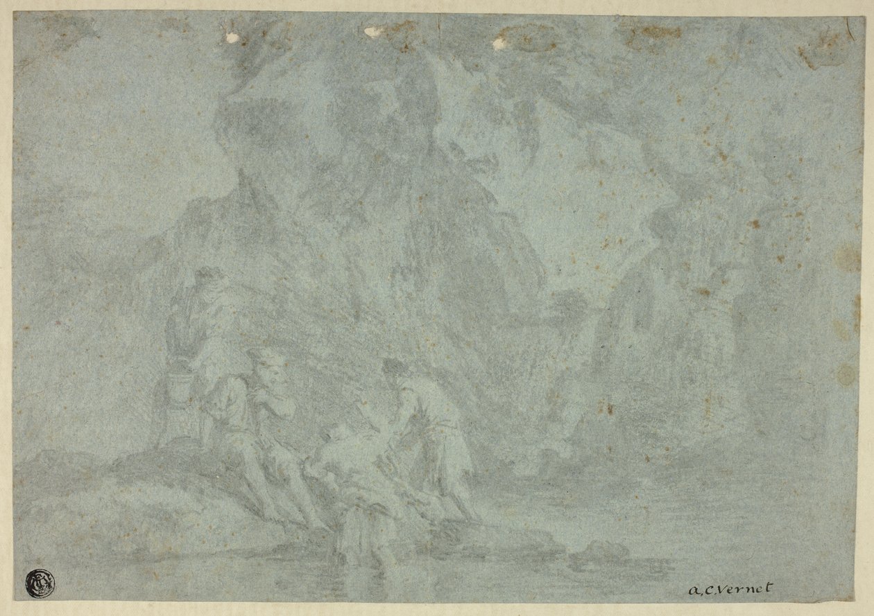 Rotsachtig landschap met figuren door Gaspard Dughet