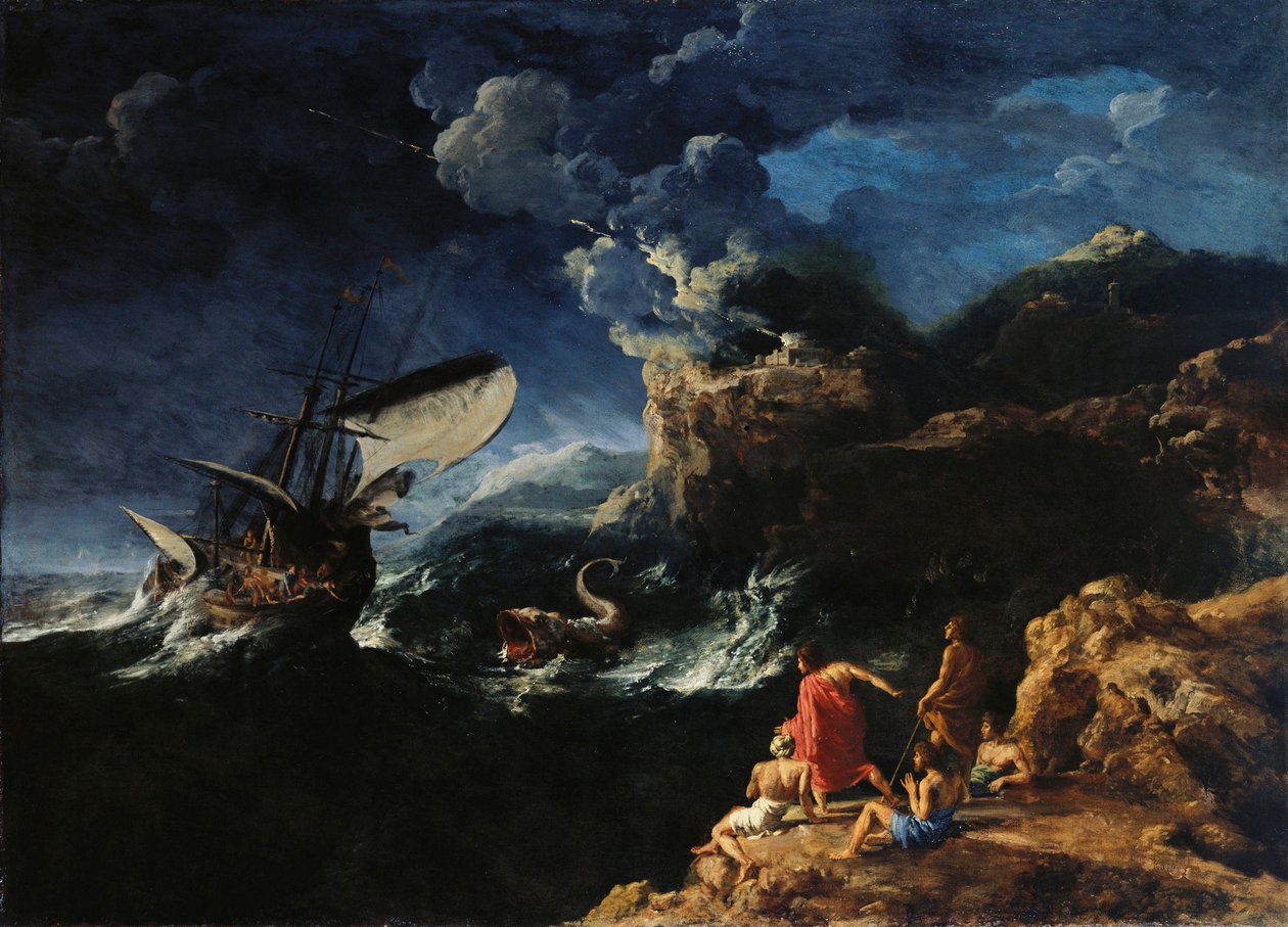 Zeegezicht met Jona en de walvis door Gaspard Dughet