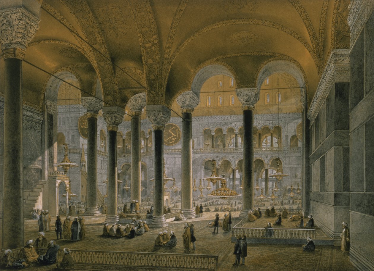 Hagia Sophia, plaat 6: het noordelijke schip, gegraveerd door Louis Haghe, gepubliceerd in 1852 door Gaspard Fossati