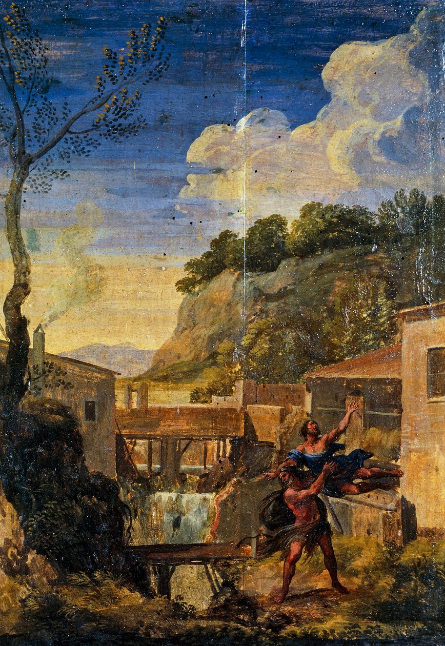 Platteland met Hercules en Antaeus door Gaspard Poussin (school of) Dughet