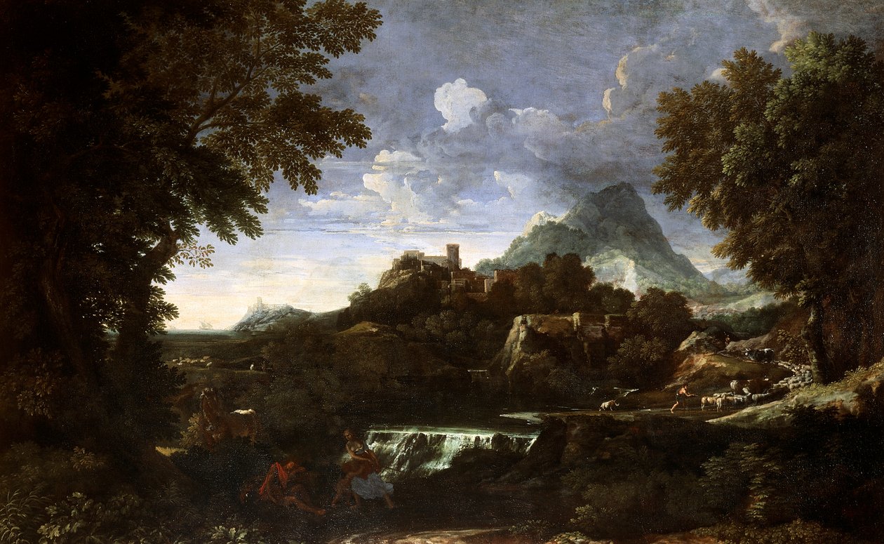 Landschap met Rinaldo en Armida (Erminia en Tancredi), door Gaspard Dughet door Gaspard Poussin Dughet