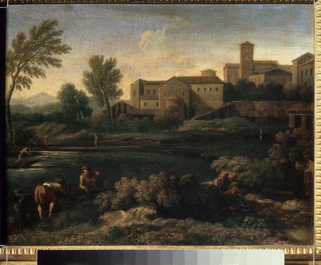 Uitzicht op een stad in de regio Lazio nabij Rome. door Gaspard Poussin Dughet
