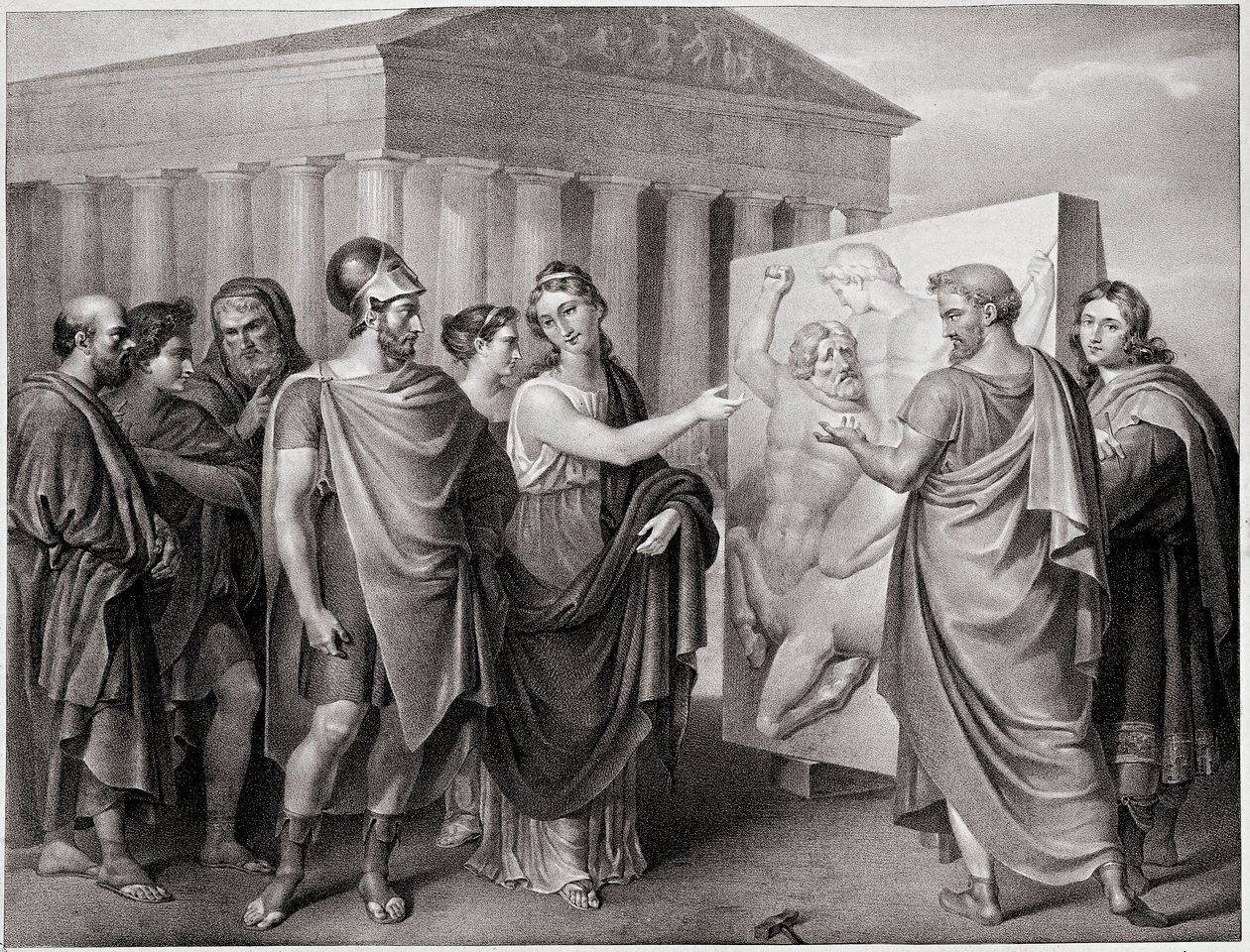 Atheense politicus Pericles (495-429 v.Chr.) en Aspasie zijn metgezel leiden het werk van Phidias voor het Parthenon in Athene. Gravure naar een schilderij van Gaspare Landi (1756-1830). 19e eeuw door Gaspare Landi