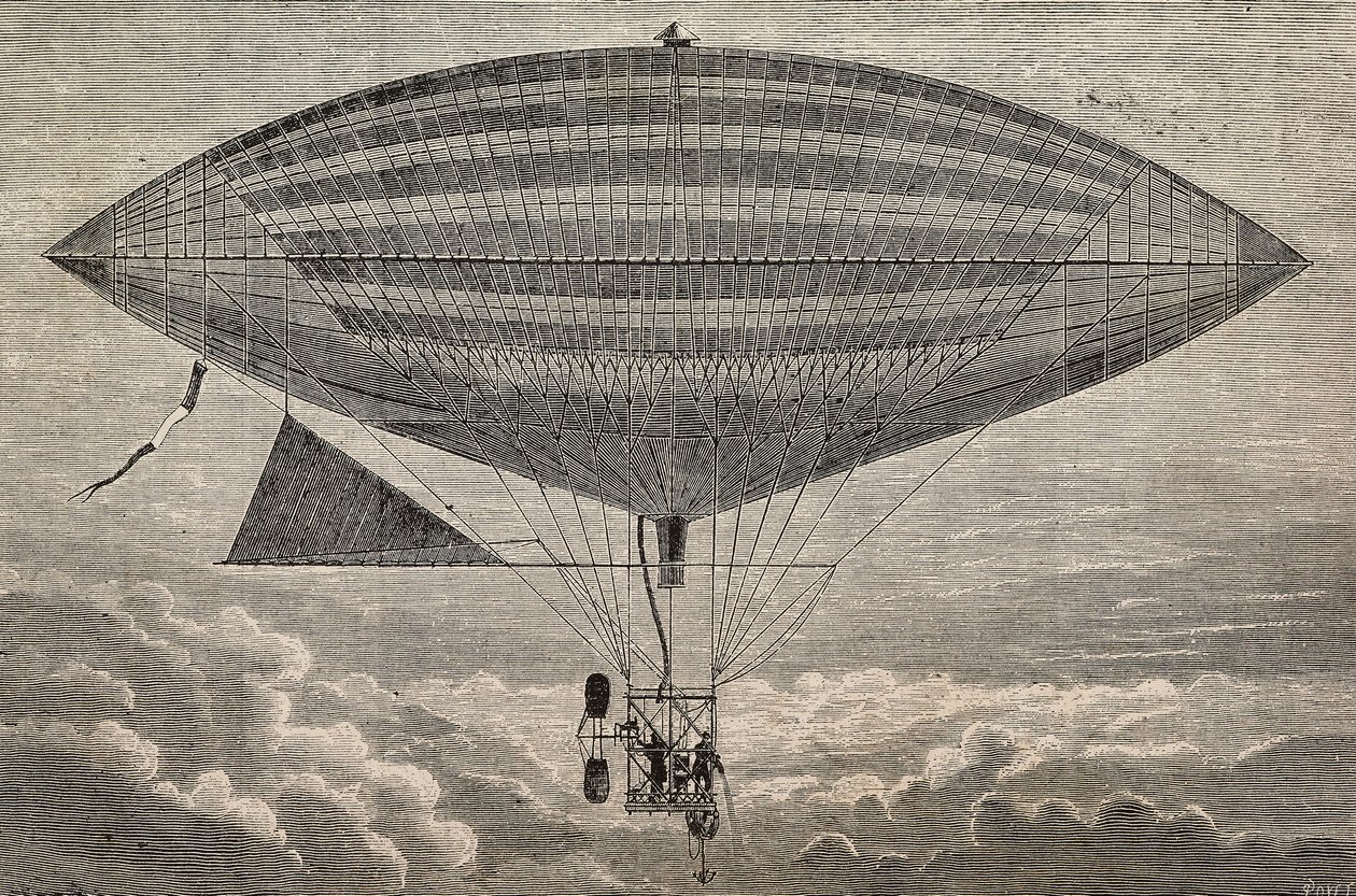 Elektrische ballon met propeller, een prototype door Gaston en Albert Tissandier, Parijs, Frankrijk, gravure uit L