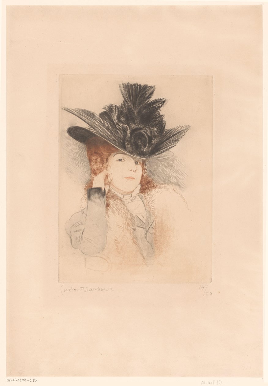 Portret van een onbekende dame met hoed door Gaston Darbour