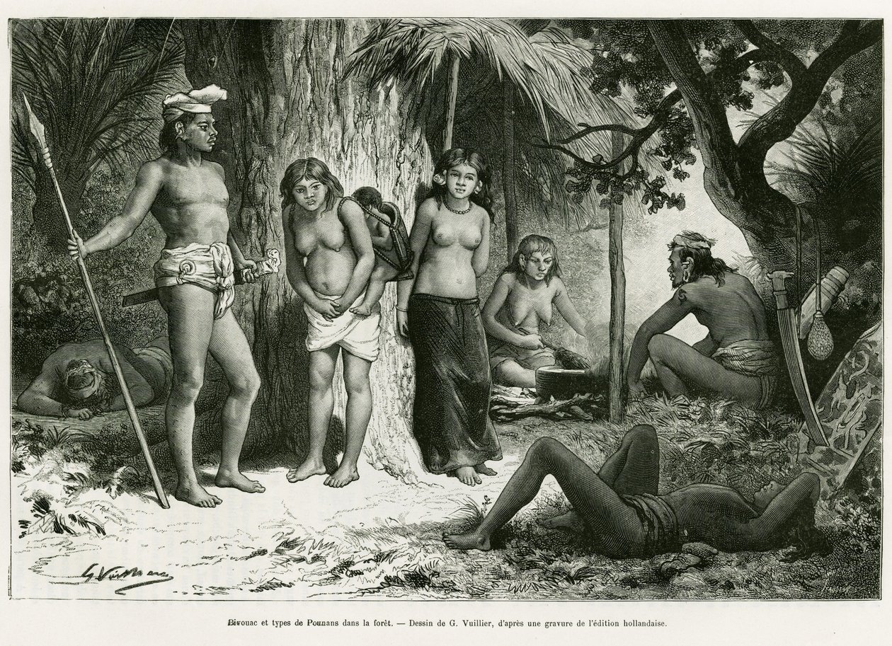 Bivak en types van Lung in het bos. Gravure door G.Vuillier, ter illustratie van het verhaal De Koutei a Bandjirmasin, reis door Borneo, door Carl Bock, in le tour du monde 1890, onder leiding van Edouard Charton (1807-1890), Hachette, Parijs. door Gaston Vuillier