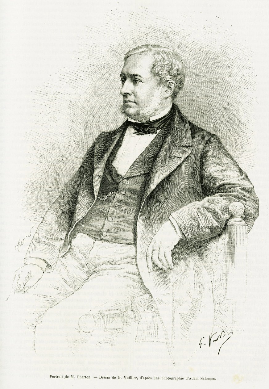Portret van Edouard Charton. Gravure door G.Vuillier, naar een foto door Adam Salomon, ter illustratie van het artikel getiteld M. Charton door Paul Laffite in le tour du monde 1890, bewerkt door Edouard Charton (1807-1890), Hachette, Parijs. door Gaston Vuillier
