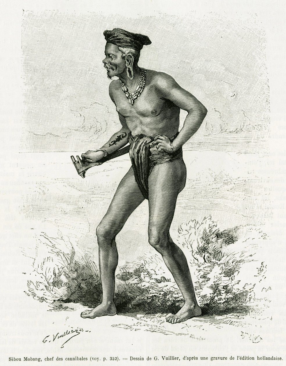 Sibou Mobang, hoofd van de kannibalen. Gravure door G.Vuillier, ter illustratie van het verhaal De Koutei a Bandjirmasin, reis door Borneo, door Carl Bock, in le tour du monde 1890, geregisseerd door Edouard Charton (1807-1890), Hachette, Parijs. door Gaston Vuillier