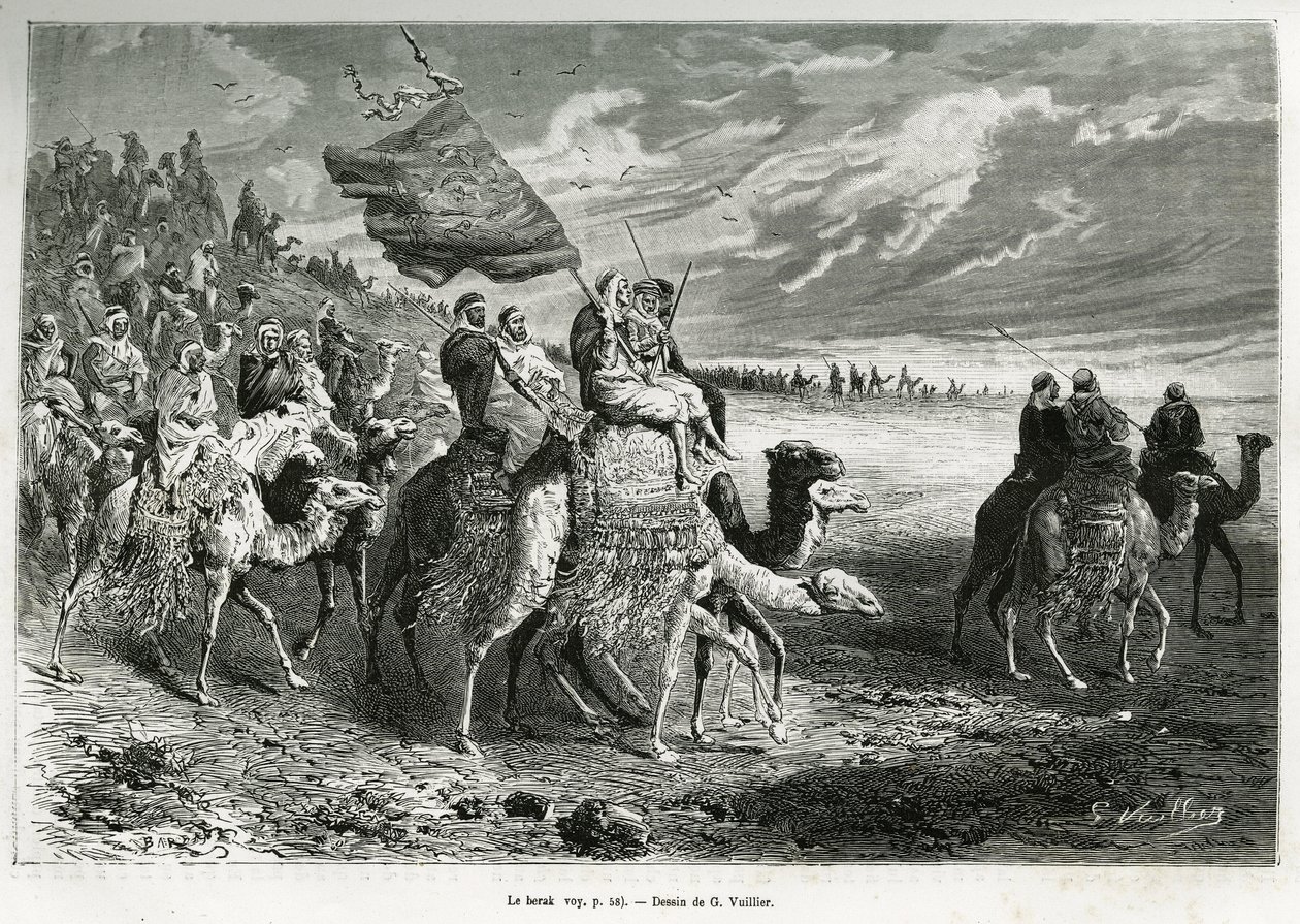 De Berak, de vlag van Emir Ibn Al Rashid (1872-1890) (Saoedi-Arabië). Gravure door G. Vuillier, ter illustratie van het verhaal 