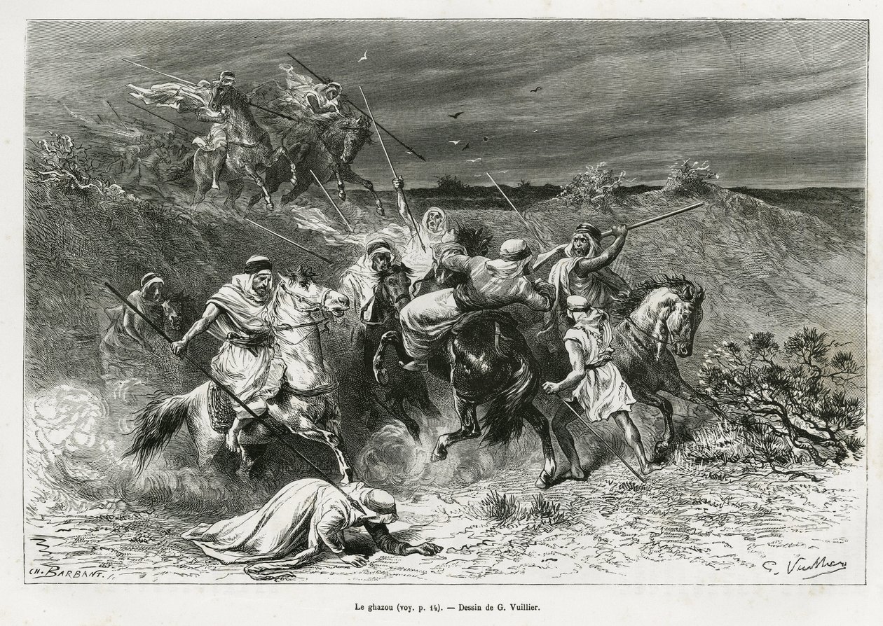 De Ghazou, of razzia, plunderen met de hand. Gravure door G. Vuillier, ter illustratie van het verhaal 