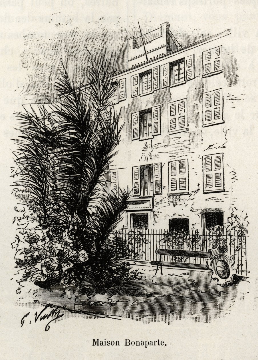 De gevel van het huis Bonaparte, waarin Napoleon Bonaparte (1769-1821) niet is. Gravure en verhaal 
